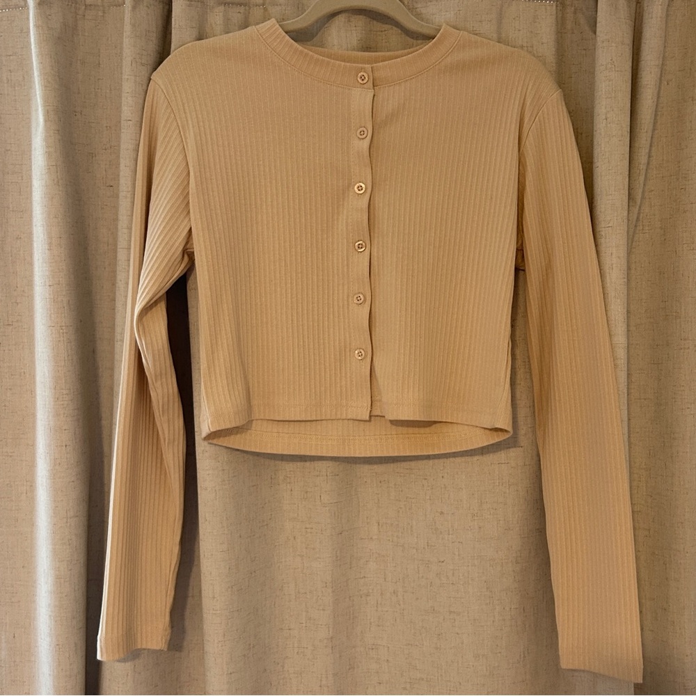 PLT Cream Ribbed Button-Up Top